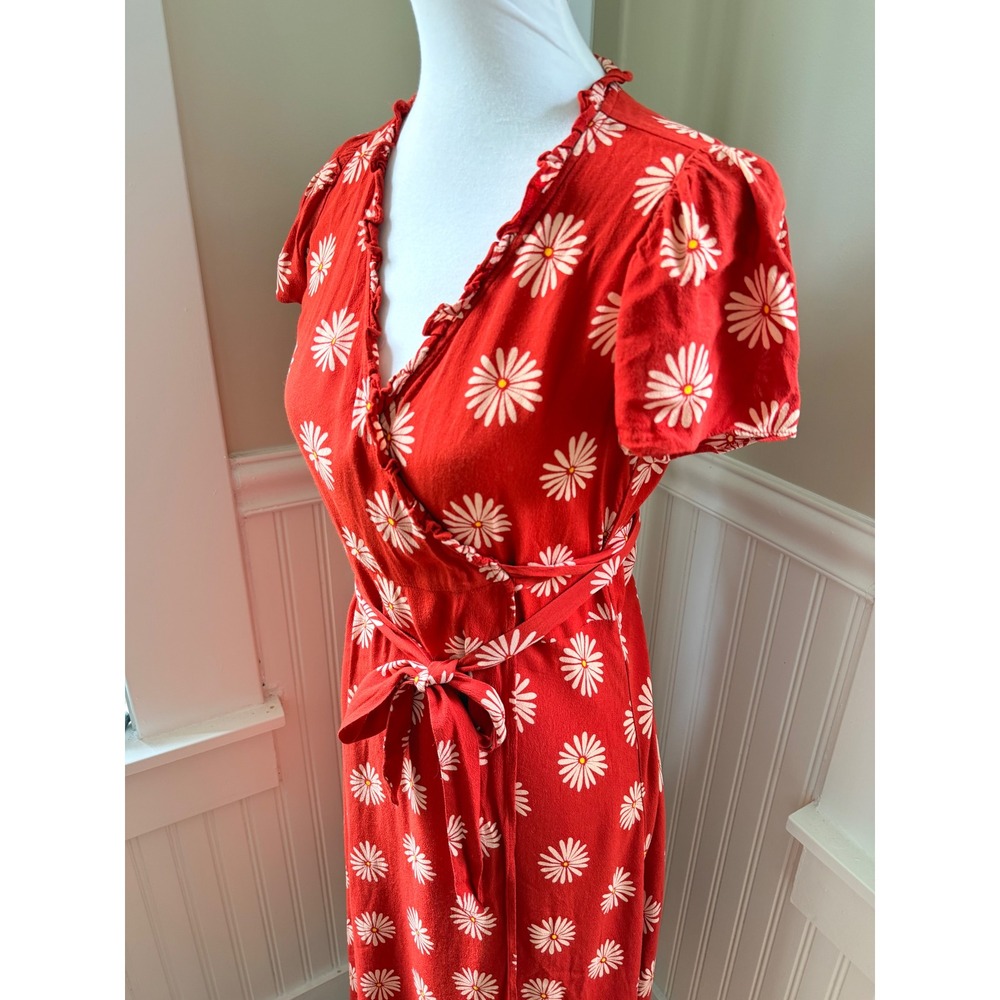Madewell Red Daisy Print Ruffle Wrap Midi Dress XS Summer Fun Brunch Market - Picture 8 of 10